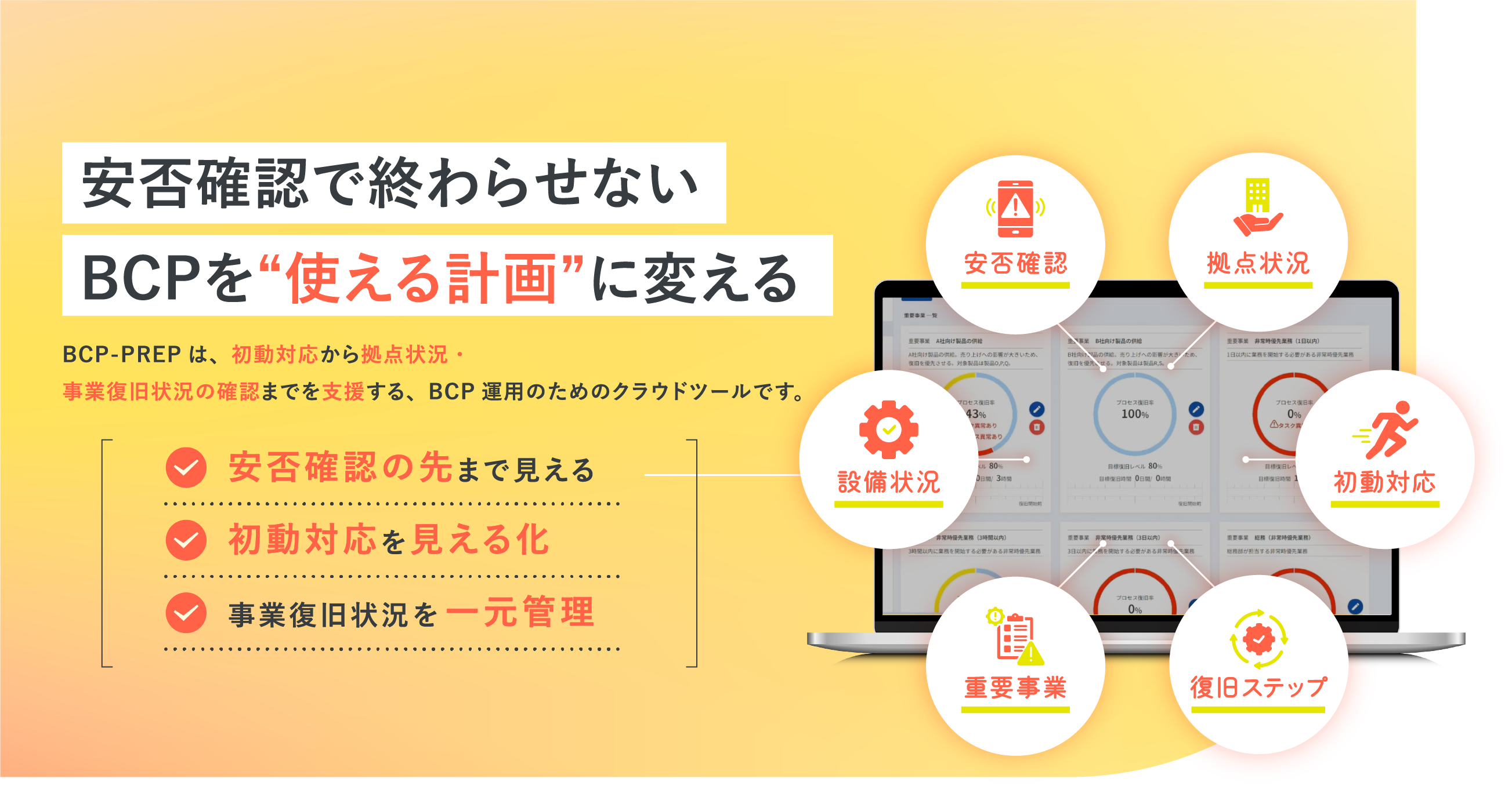安否確認で終わらせない。BCPを“使える計画”に変える。BCP-PREPは、初動対応から拠点状況・事業復旧状況の確認までを支援する、BCP運用のためのクラウドツールです。安否確認の先まで見える。初動対応を見える化。事業復旧状況を一元管理。安否確認・拠点状況・設備状況・初動対応・重要事業・復旧ステップを確認できます。