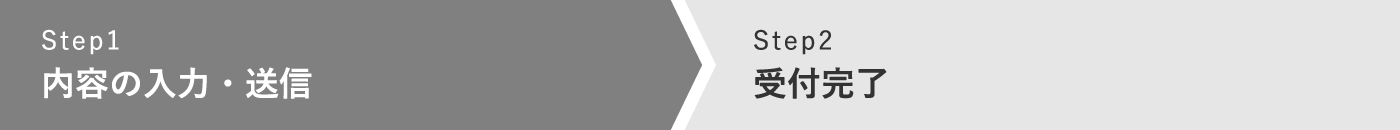 お問い合わせの手順。Step1 内容の入力・送信（現在のステップ）、Step2 受付完了。